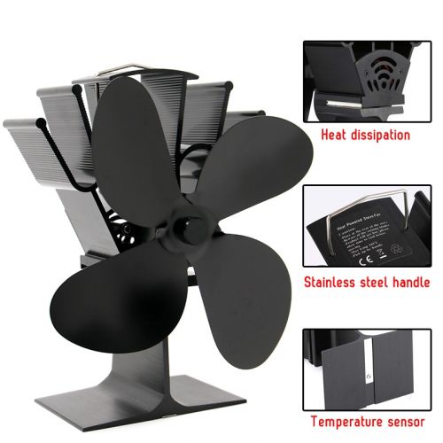 Wood Stove Fan with Heat-Powered Drive and Bi-Metal Safety, Anodized Aluminum