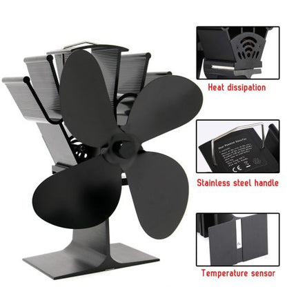 Wood Stove Fan with Heat-Powered Drive and Bi-Metal Safety, Anodized Aluminum