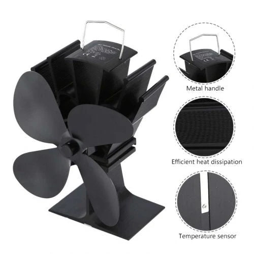 Wood Stove Fan with Heat-Powered Motor and Quiet 4-Blade Design, Anodized Aluminum Zolana