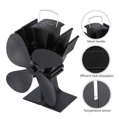 Wood Stove Fan with Heat-Powered Drive and Bi-Metal Safety, Anodized Aluminum