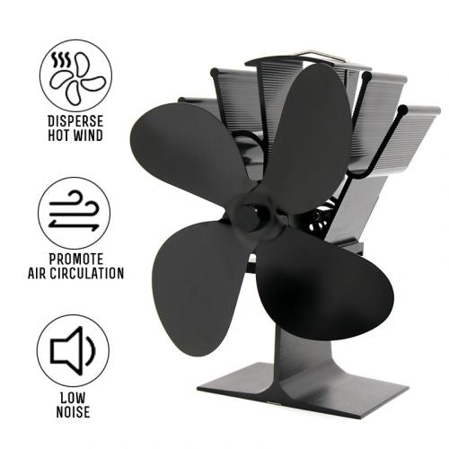 Wood Stove Fan with Heat-Powered Drive and Bi-Metal Safety, Anodized Aluminum