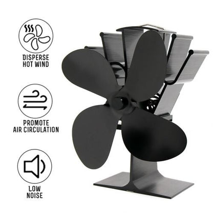 Wood Stove Fan with Heat-Powered Drive and Bi-Metal Safety, Anodized Aluminum