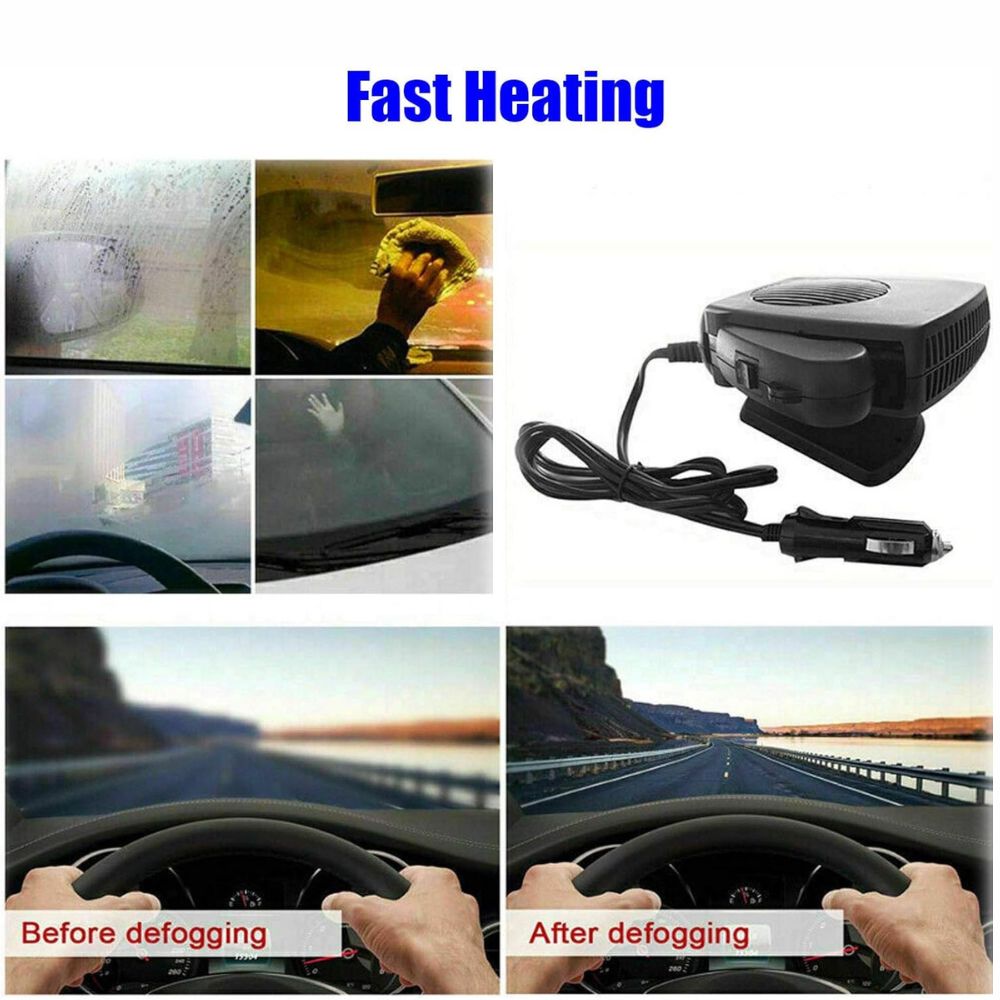 12V Car Heater with Ceramic Heating Element and Quiet Fan, 150–300W Compact Dash Unit