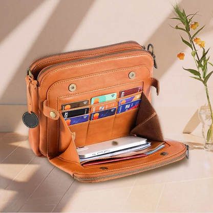Leather Crossbody Bag with RFID-Blocking Wallet and Detachable Strap