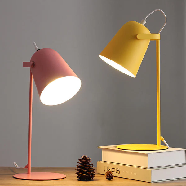 Table Lamp with Macaron Pastel Finish and Bucket-Shaped Iron Shade, Plug-In Bedside Light