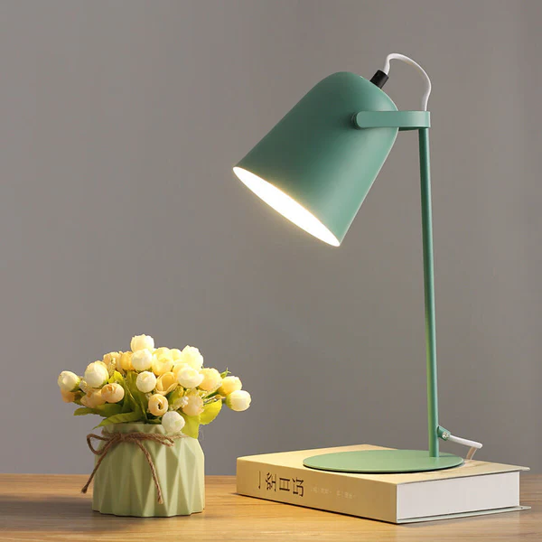 Table Lamp with Macaron Pastel Finish and Bucket-Shaped Iron Shade, Plug-In Bedside Light