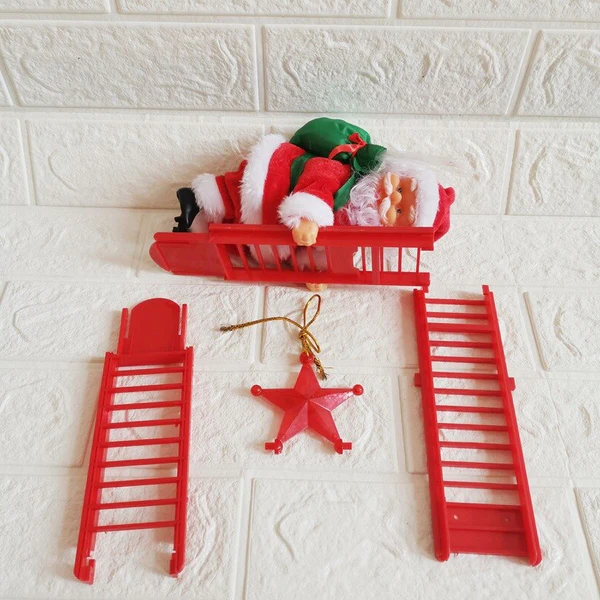 Animated Santa Ornament with Climbing Ladder and Built-In LED Lights, Plays 15 Carols