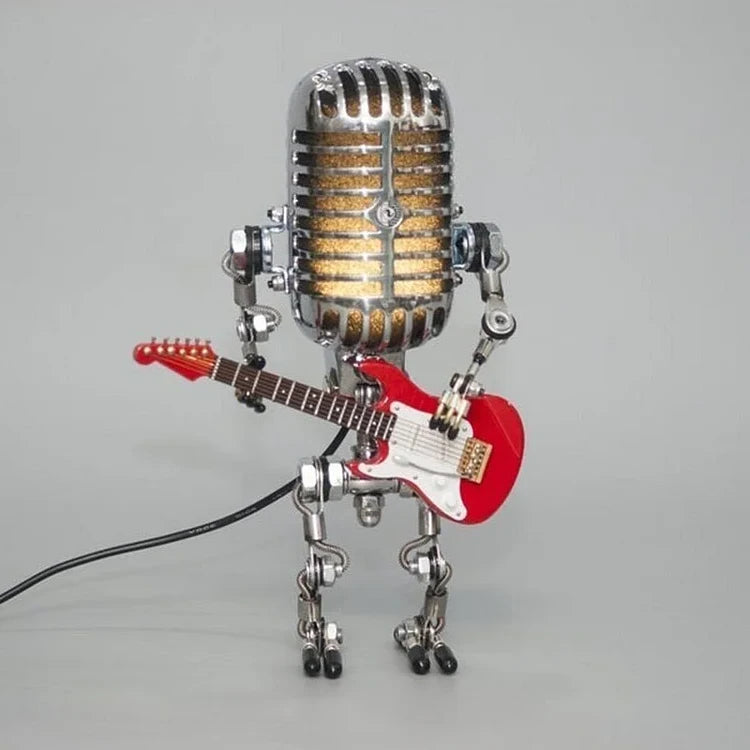 Retro Microphone Desk Lamp with Adjustable Joints and Mini Guitar Accessory, Metal LED Zolana