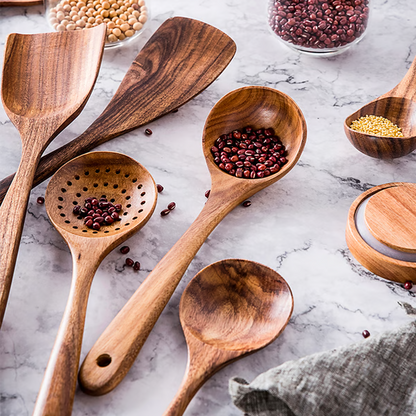 Teak Wood Utensil Set with Hand-Polished Finish and Heat-Resistant Handles, 8 Pieces Zolana