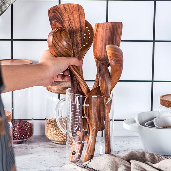 Teak Wood Utensil Set with Hand-Polished Finish and Heat-Resistant Handles, 8 Pieces Zolana
