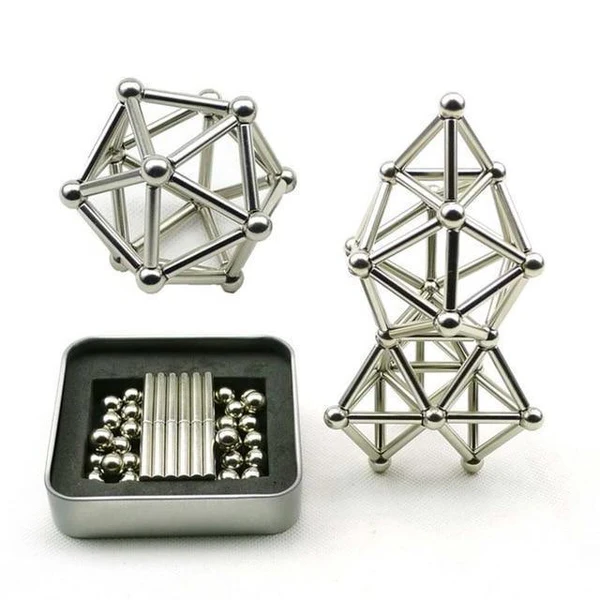 Magnetic Building Set with 36 Rods and 27 Balls, Metal Storage Tin for Ages 3+