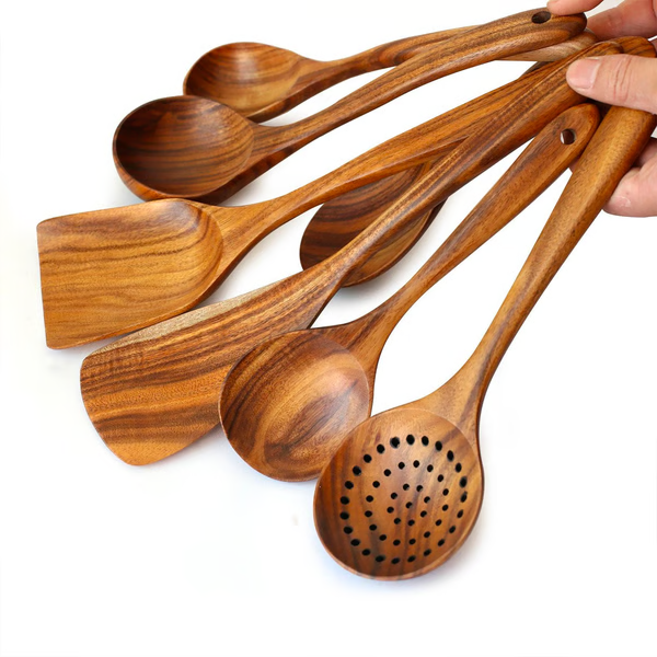 Teak Wood Utensil Set with Hand-Polished Finish and Heat-Resistant Handles, 8 Pieces Zolana