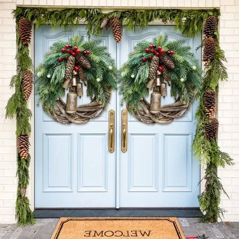 Christmas Wreath with Rustic Vine Base and Faux Greenery, 17 Inch