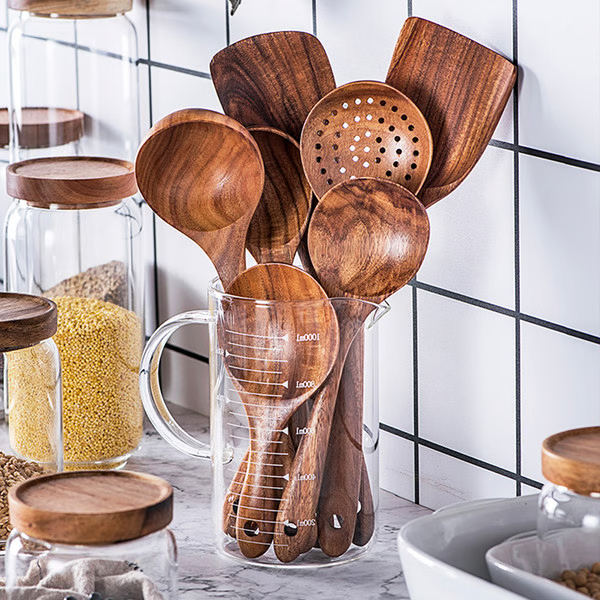 Teak Wood Utensil Set with Hand-Polished Finish and Heat-Resistant Handles, 8 Pieces Zolana