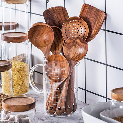 Teak Wood Utensil Set with Hand-Polished Finish and Heat-Resistant Handles, 8 Pieces Zolana