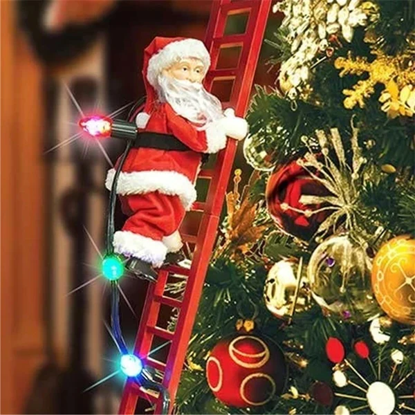 Animated Santa Ornament with Climbing Ladder and Built-In LED Lights, Plays 15 Carols