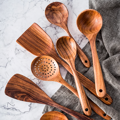 Teak Wood Utensil Set with Hand-Polished Finish and Heat-Resistant Handles, 8 Pieces Zolana