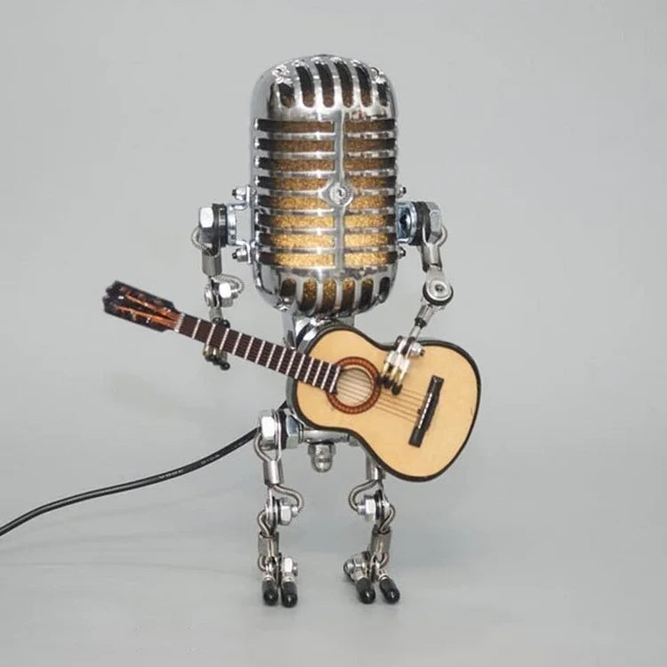 Retro Microphone Desk Lamp with Adjustable Joints and Mini Guitar Accessory, Metal LED Zolana