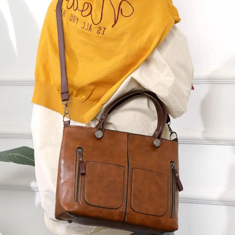 Leather Crossbody Bag with Adjustable Detachable Strap and Tablet Sleeve, Multiple Pockets