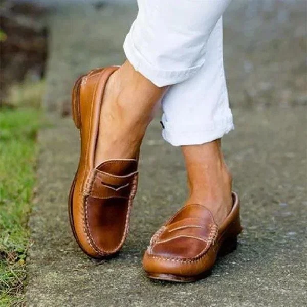 Women's Slip-On Loafers with Low Heel and Cushioned Footbed, Synthetic Leather
