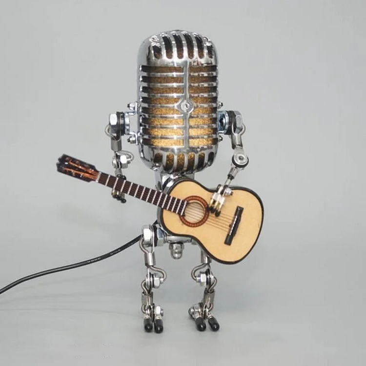 Microphone Desk Lamp with Articulated Joints and Mini Guitar Accessory, Retro Metal LED